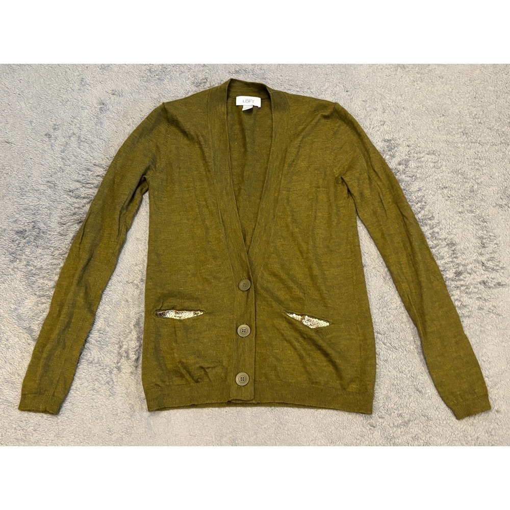 Ann Taylor Loft Cardigan Sweater Womens Small Merino Wool Blend Green V Neck